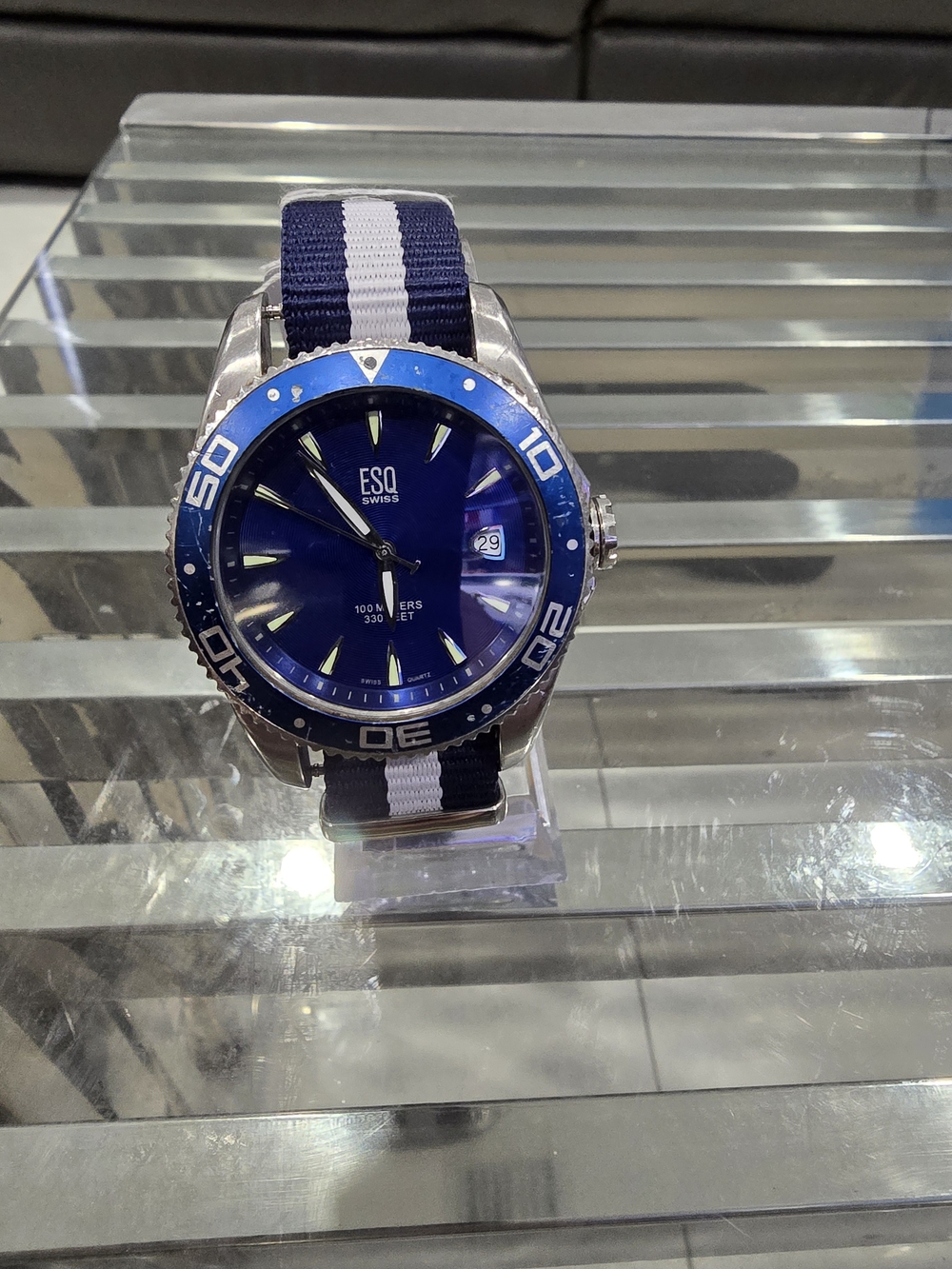 Swiss Men's Blue Diver Watch with Navy & White Strap